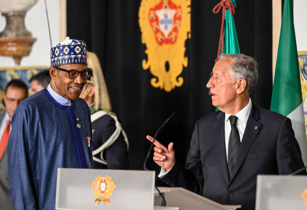 LISBON, PORTUGAL - JUNE 30: Nigeria's President Muhammadu Buhari (L) smiles while arriving with Portuguese President Marcelo Rebelo de Sousa (R) to deliver remarks to journalists at the end of their meeting in Belem Presidential Palace at the beginning of his State Visit to the country on June 30, 2022, in Lisbon, Portugal. Nigeria's President Muhammadu Buhari is on a two-day State Visit to Portugal at the invitation of the Portuguese President Marcelo Rebelo de Sousa. (Photo by Horacio Villalobos#Corbis/Corbis via Getty Images)